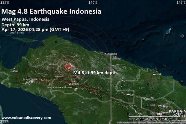 Gempa bumi berkekuatan 4,8 skala Richter terjadi 82 km di timur laut Mulia, Indonesia