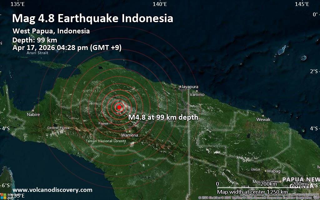 Gempa bumi berkekuatan 4,8 skala Richter terjadi 82 km di timur laut Mulia, Indonesia